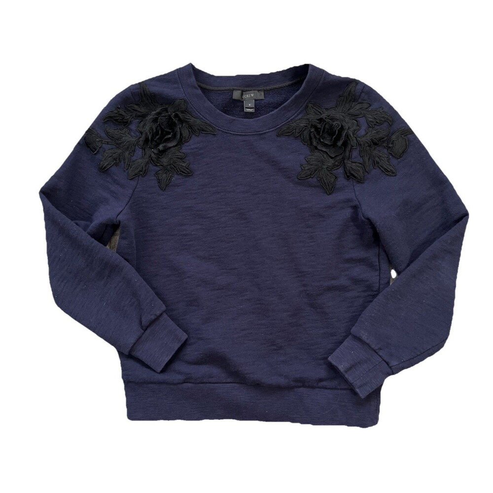 J. Crew Navy Blue Black Appliqué Flowers Sweatshirt Crewneck Cotton Dark Academi